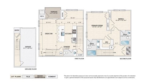 Floor plan for 2 beds, 2.5 baths, 1216 sqft